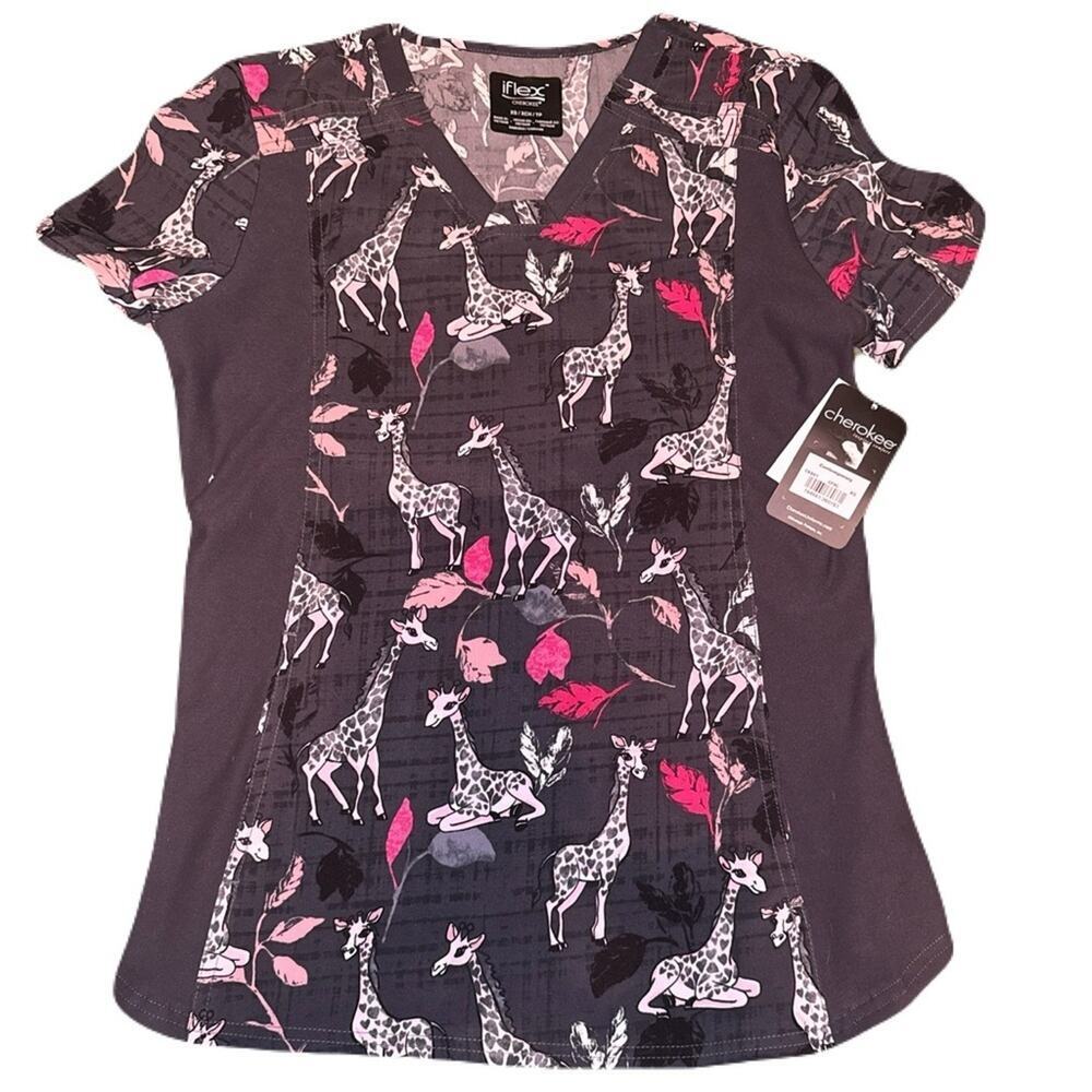 Cherokee iFlex Womens XS Giraffe-ter My Love Scrub Top NWT V-Neck Animal Print